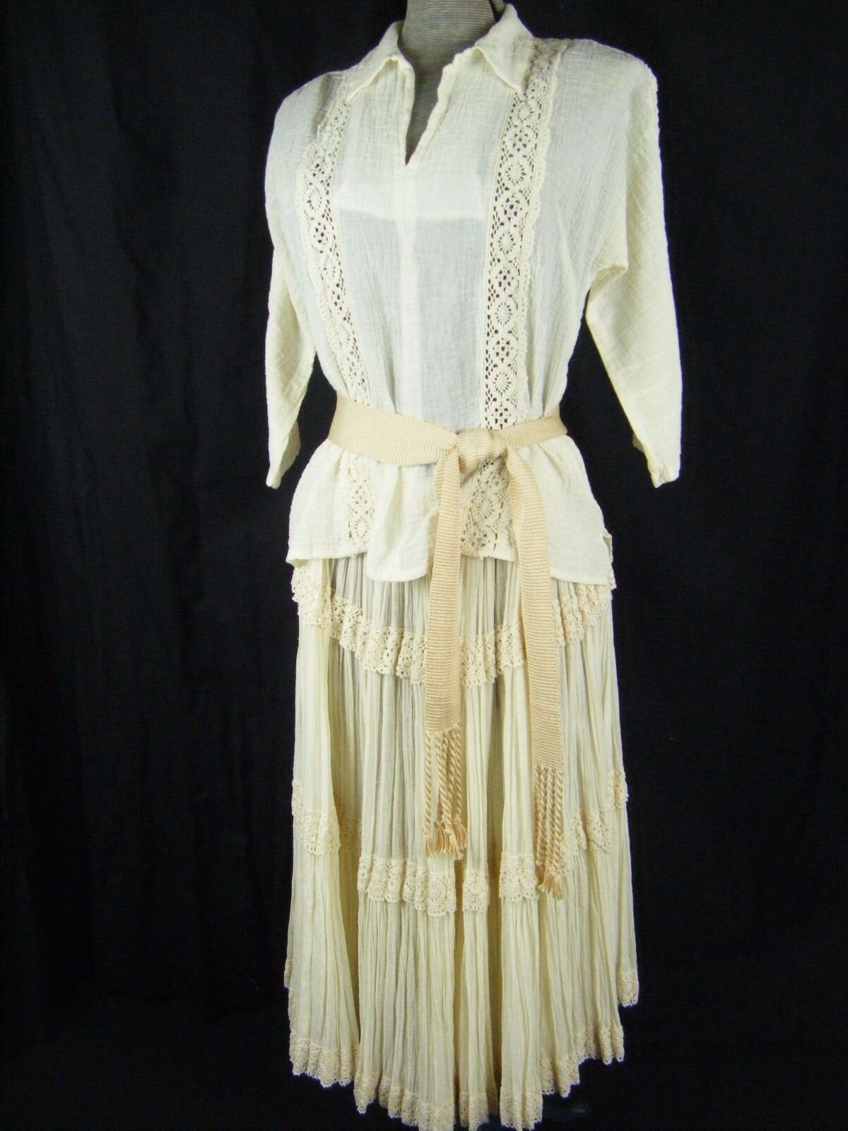 Martha Of Taos Vtg 70s Cream Lace Blouse & Broomstick Skirt-bust 38/waist 26/s-m